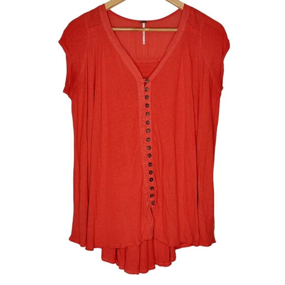 Free People XS Highland Linen Blend Red‎ Button Front Tee Women's Top - Picture 1 of 5